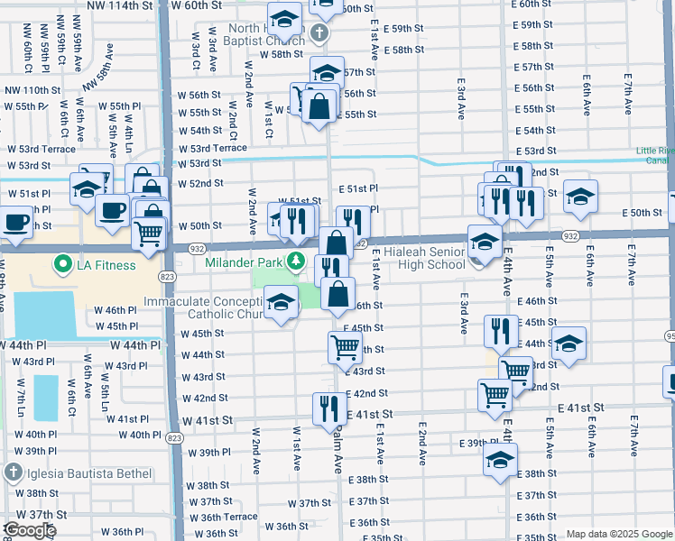 map of restaurants, bars, coffee shops, grocery stores, and more near 4840 Palm Avenue in Hialeah