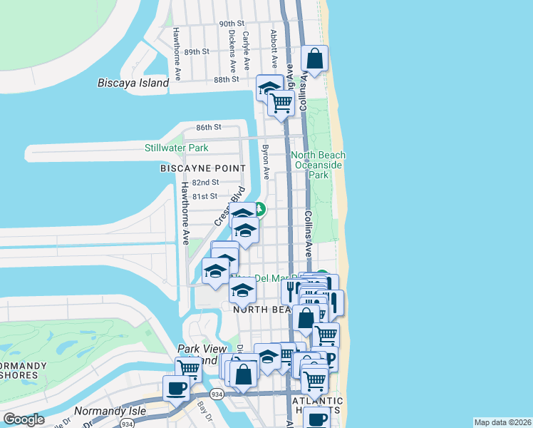 map of restaurants, bars, coffee shops, grocery stores, and more near 8080 Byron Avenue in Miami Beach