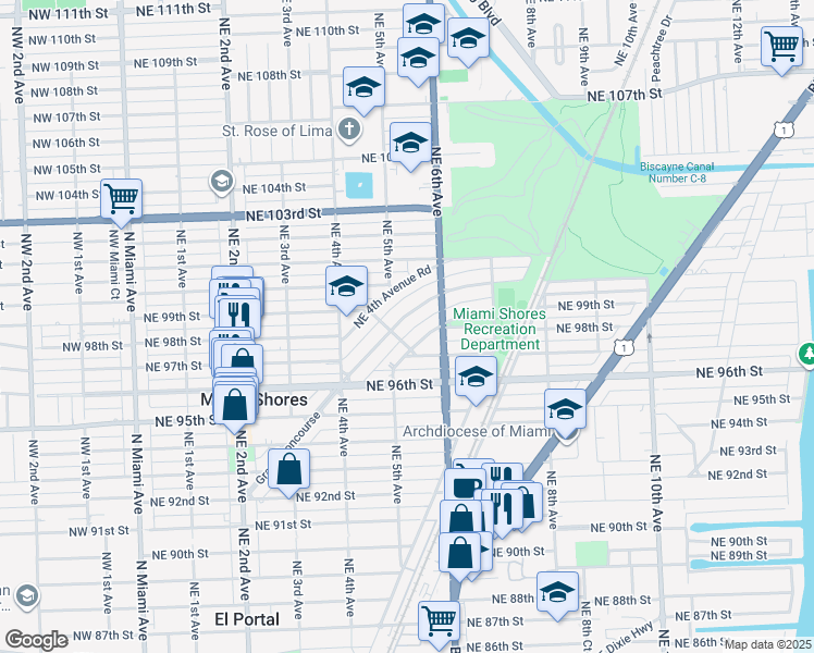 map of restaurants, bars, coffee shops, grocery stores, and more near 516 Grand Concourse in Miami Shores