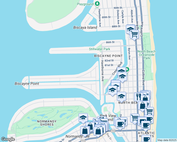 map of restaurants, bars, coffee shops, grocery stores, and more near 1305 North Biscayne Point Road in Miami Beach