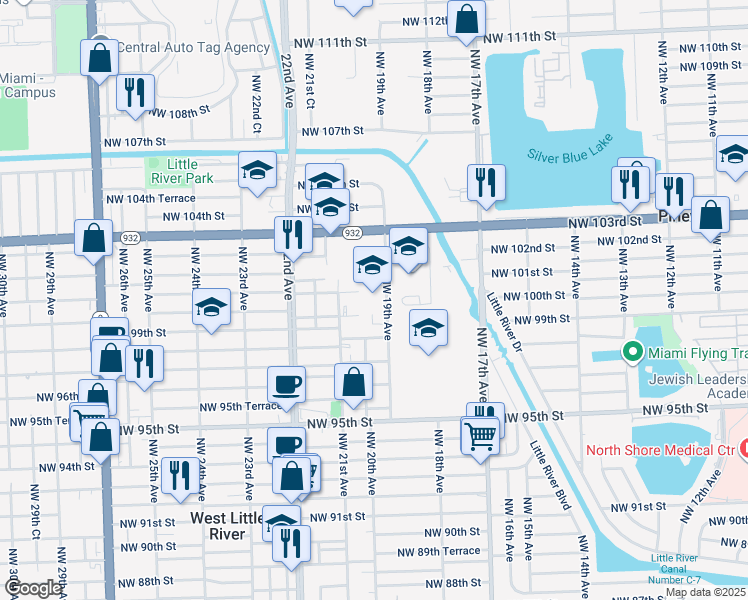 map of restaurants, bars, coffee shops, grocery stores, and more near 9950 Northwest 19th Avenue in Miami