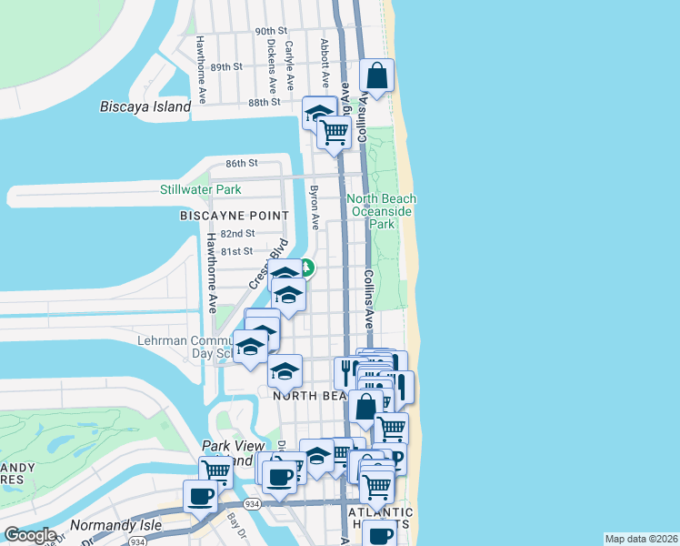 map of restaurants, bars, coffee shops, grocery stores, and more near 8040 Harding Avenue in Miami Beach