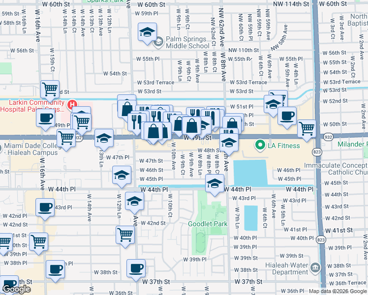 map of restaurants, bars, coffee shops, grocery stores, and more near 937 West 48th Street in Hialeah