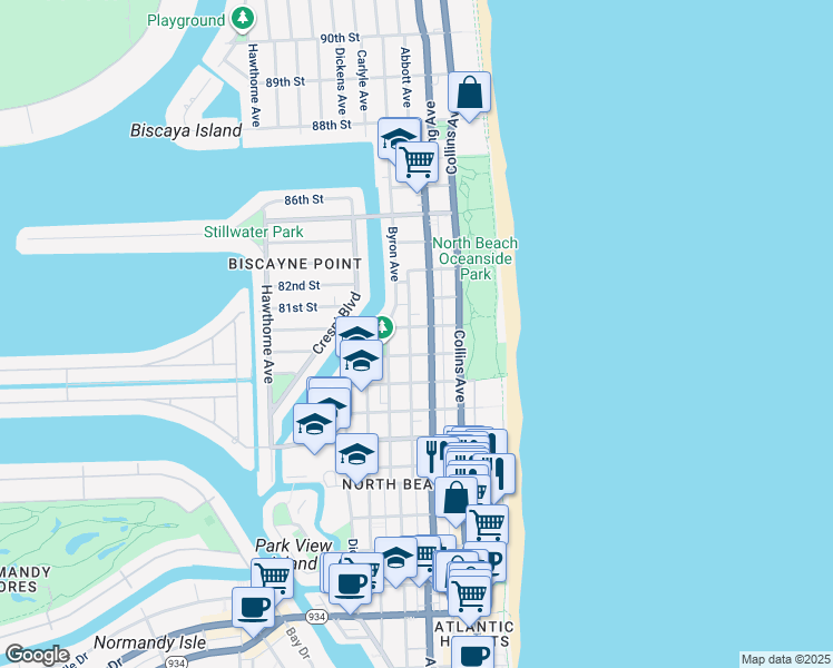 map of restaurants, bars, coffee shops, grocery stores, and more near 8040 Harding Avenue in Miami Beach