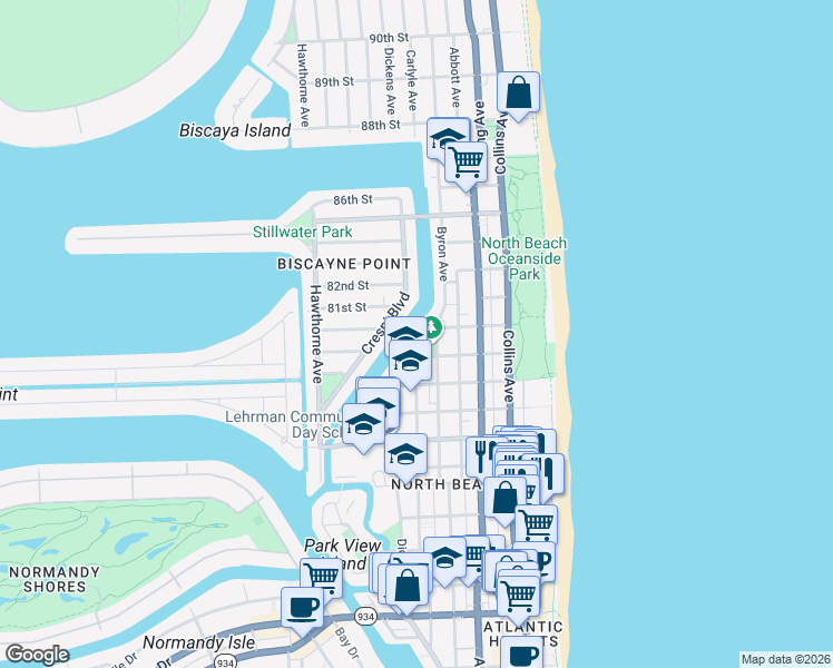 map of restaurants, bars, coffee shops, grocery stores, and more near 8080 Byron Avenue in Miami Beach