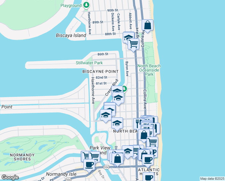 map of restaurants, bars, coffee shops, grocery stores, and more near 8021 Crespi Boulevard in Miami Beach