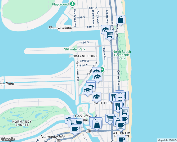 map of restaurants, bars, coffee shops, grocery stores, and more near 851 80th Street in Miami Beach