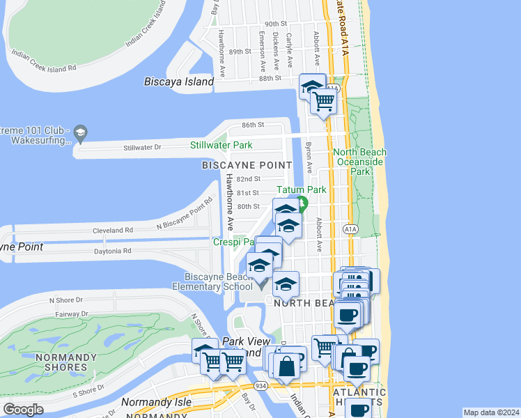 map of restaurants, bars, coffee shops, grocery stores, and more near 851 80th Street in Miami Beach