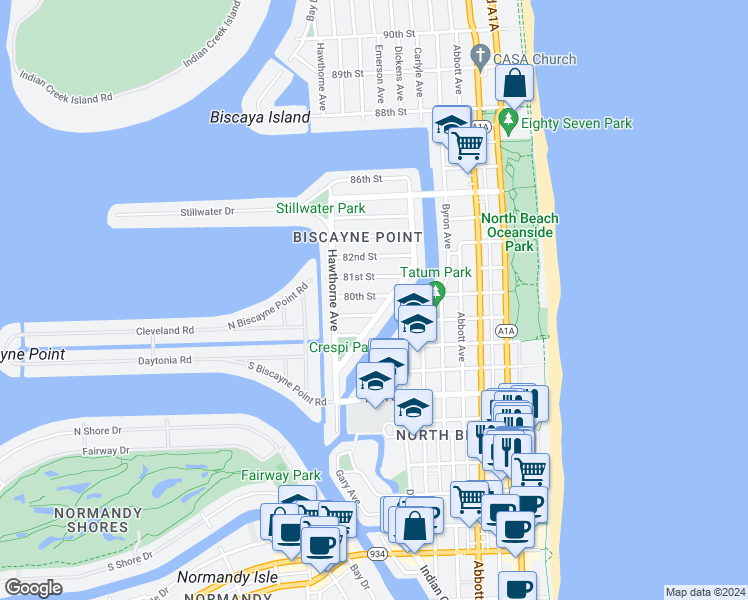 map of restaurants, bars, coffee shops, grocery stores, and more near 851 80th Street in Miami Beach