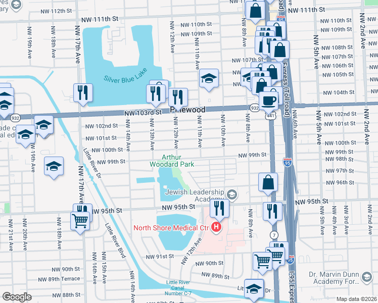 map of restaurants, bars, coffee shops, grocery stores, and more near 1150 Northwest 100th Street in Miami