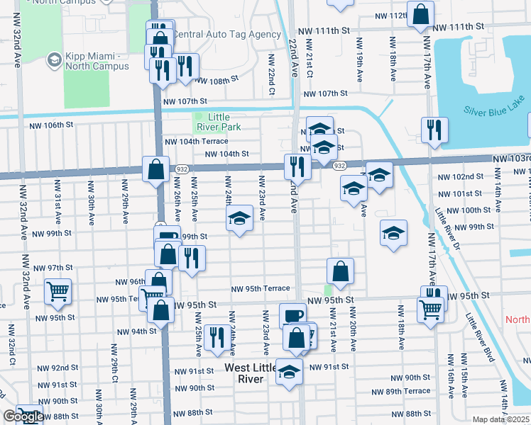 map of restaurants, bars, coffee shops, grocery stores, and more near 2304 Northwest 100th Street in Miami