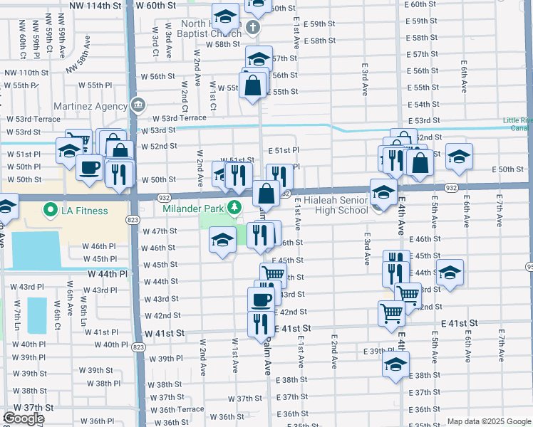 map of restaurants, bars, coffee shops, grocery stores, and more near 4799 Palm Avenue in Hialeah