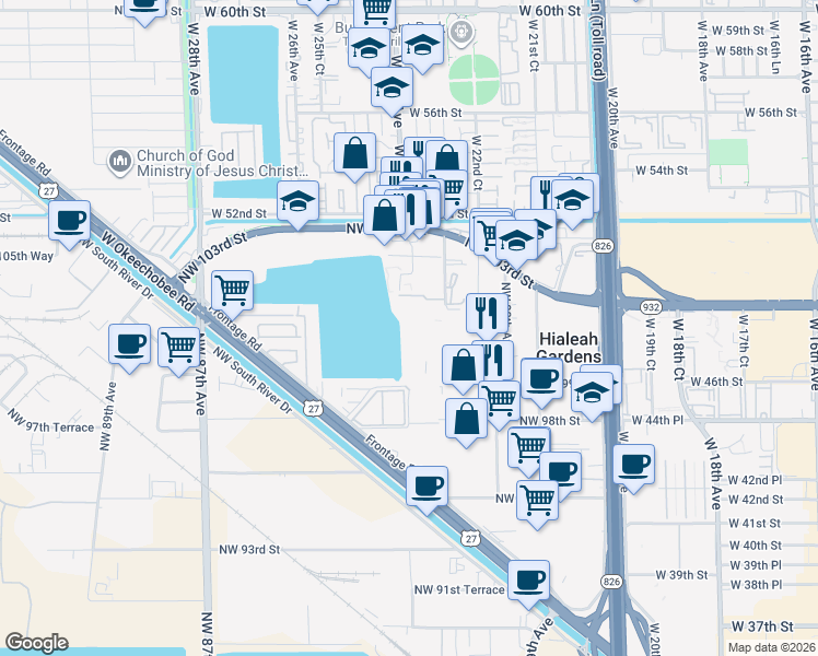 map of restaurants, bars, coffee shops, grocery stores, and more near 10090 Northwest 80th Court in Miami Lakes
