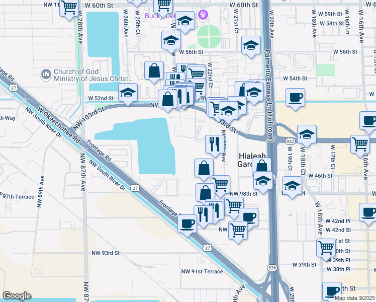 map of restaurants, bars, coffee shops, grocery stores, and more near 197 Northwest 80th Court in Hialeah Gardens