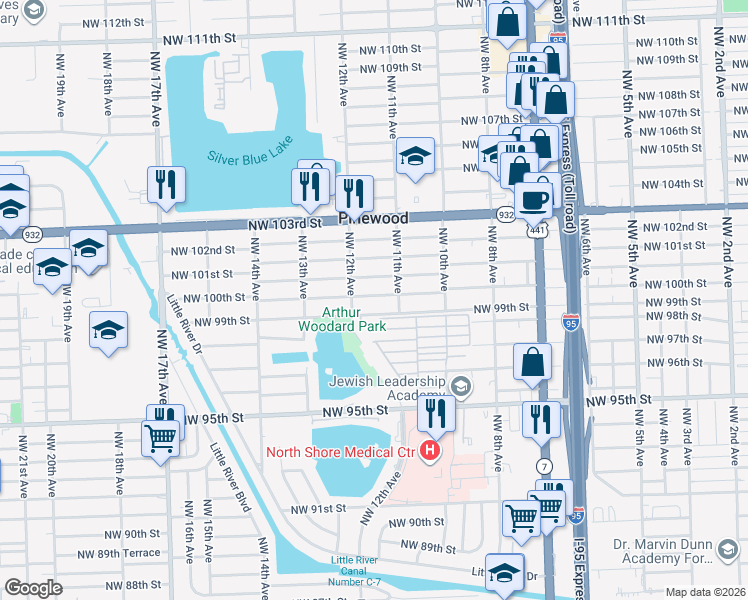 map of restaurants, bars, coffee shops, grocery stores, and more near 1150 Northwest 100th Street in Miami