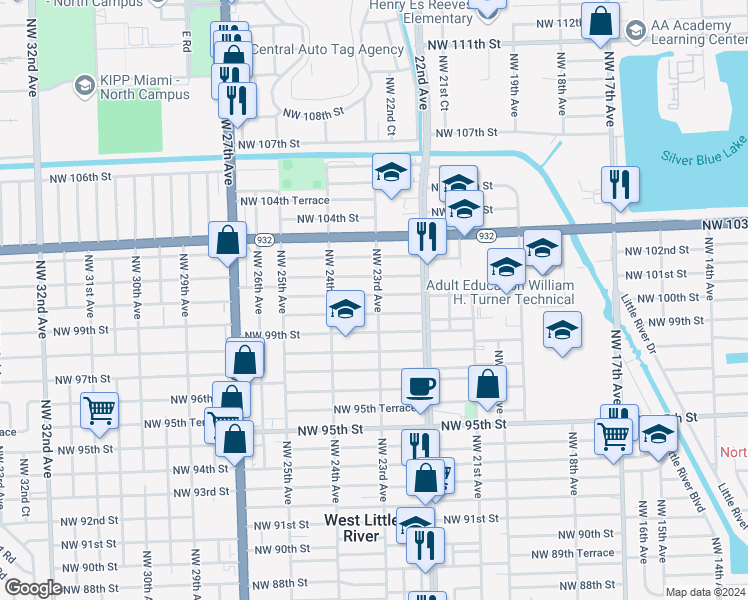 map of restaurants, bars, coffee shops, grocery stores, and more near 2304 Northwest 100th Street in Miami