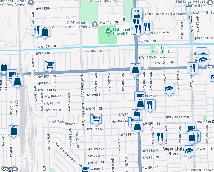 map of restaurants, bars, coffee shops, grocery stores, and more near 3019 Northwest 100th Street in Miami