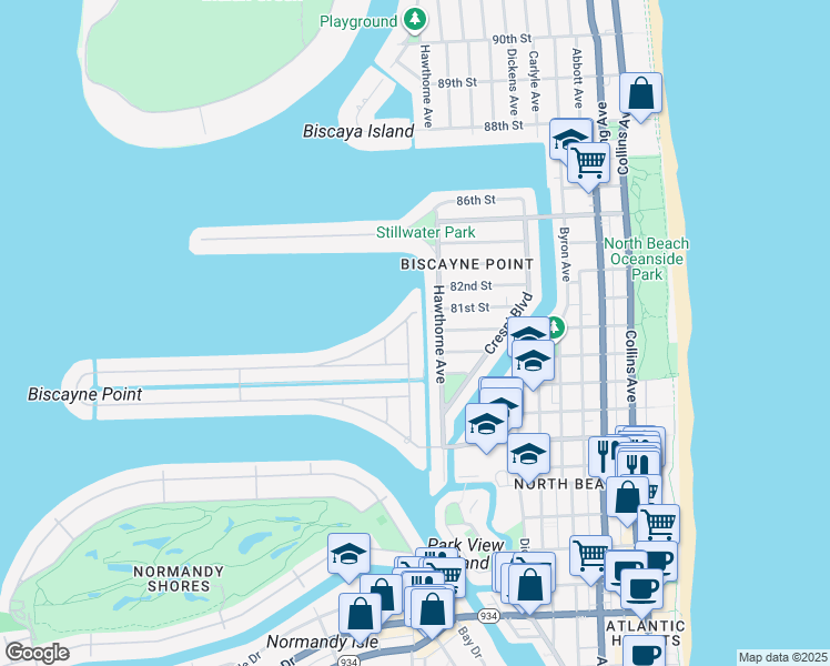 map of restaurants, bars, coffee shops, grocery stores, and more near 8060 Noremac Avenue in Miami Beach