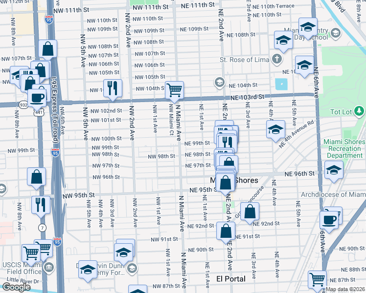map of restaurants, bars, coffee shops, grocery stores, and more near 9833 North Miami Avenue in Miami Shores