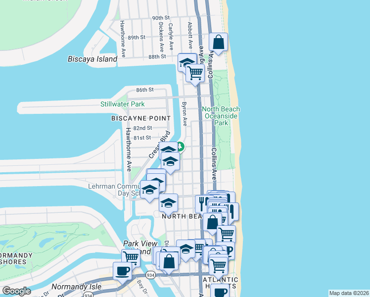 map of restaurants, bars, coffee shops, grocery stores, and more near 430 81st Street in Miami Beach