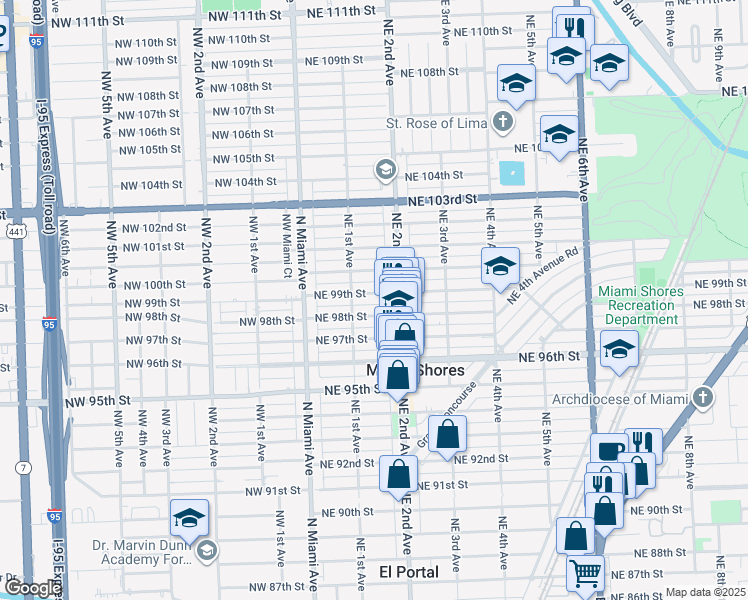 map of restaurants, bars, coffee shops, grocery stores, and more near 144 Northeast 99th Street in Miami Shores
