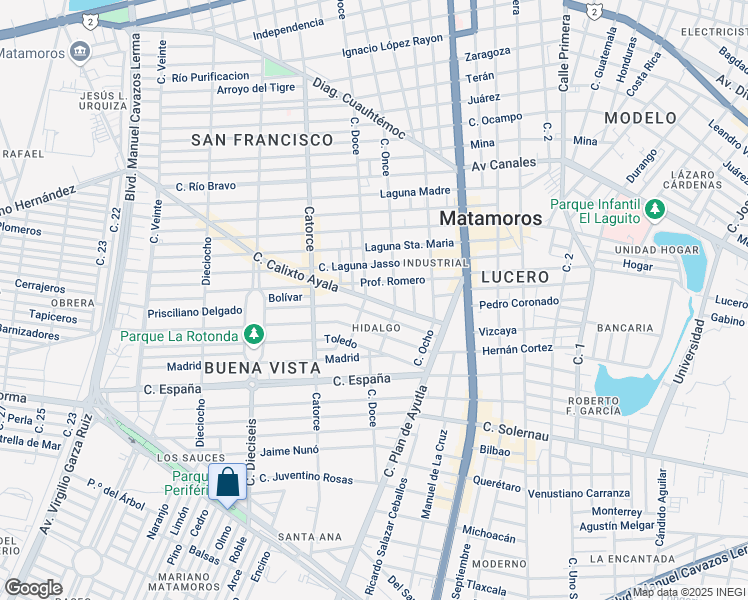 map of restaurants, bars, coffee shops, grocery stores, and more near 148 Calle Calixto Ayala in Matamoros