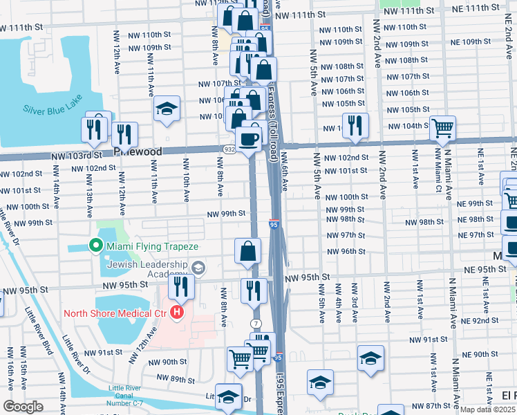map of restaurants, bars, coffee shops, grocery stores, and more near 9919 Northwest 7th Avenue in Miami