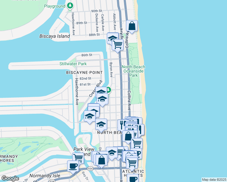 map of restaurants, bars, coffee shops, grocery stores, and more near 8080 Byron Avenue in Miami Beach