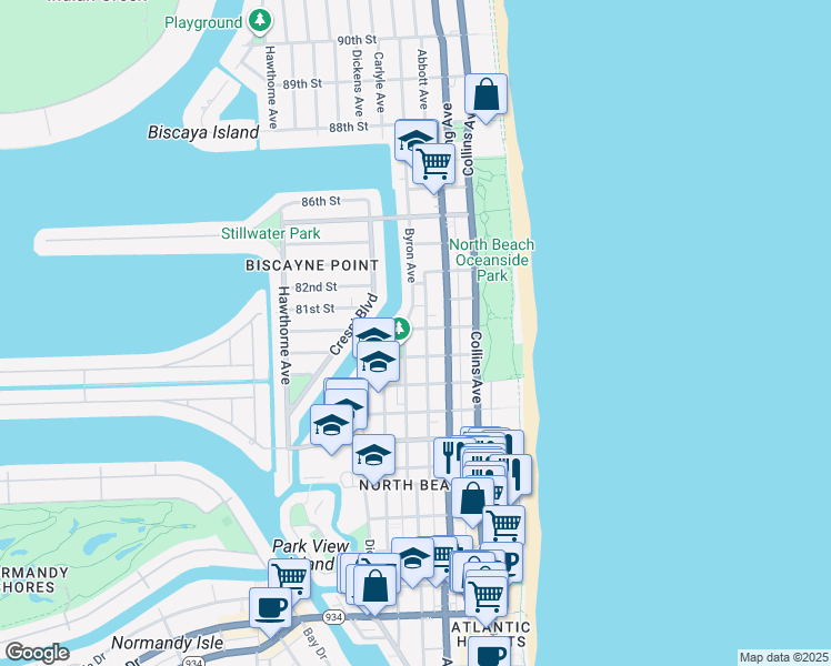 map of restaurants, bars, coffee shops, grocery stores, and more near 8080 Byron Avenue in Miami Beach