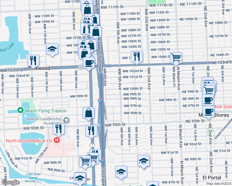 map of restaurants, bars, coffee shops, grocery stores, and more near 525 Northwest 99th Street in Miami