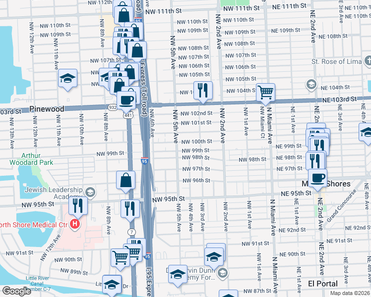 map of restaurants, bars, coffee shops, grocery stores, and more near 413 Northwest 99th Street in Miami