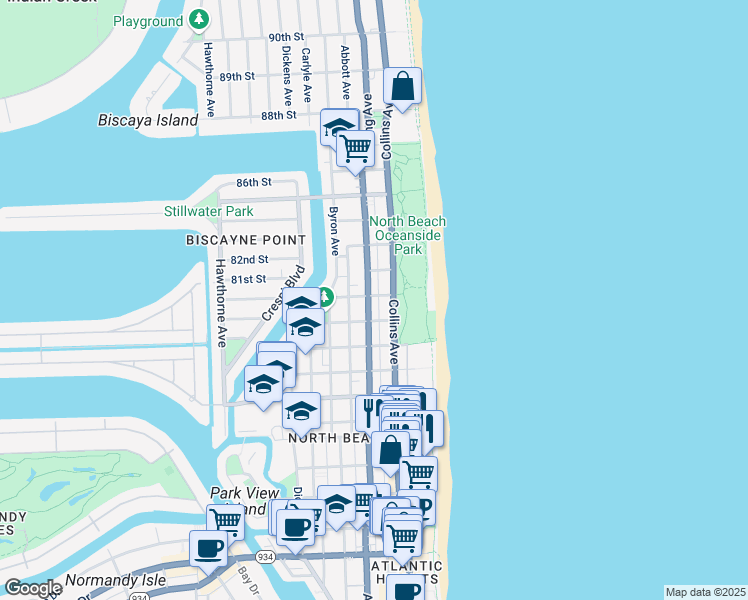 map of restaurants, bars, coffee shops, grocery stores, and more near 8040 Harding Avenue in Miami Beach