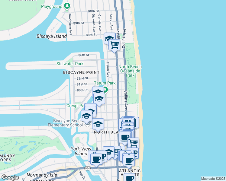 map of restaurants, bars, coffee shops, grocery stores, and more near 8040 Harding Avenue in Miami Beach