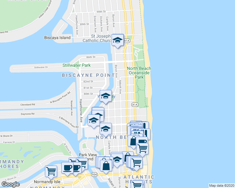 map of restaurants, bars, coffee shops, grocery stores, and more near 8080 Byron Avenue in Miami Beach