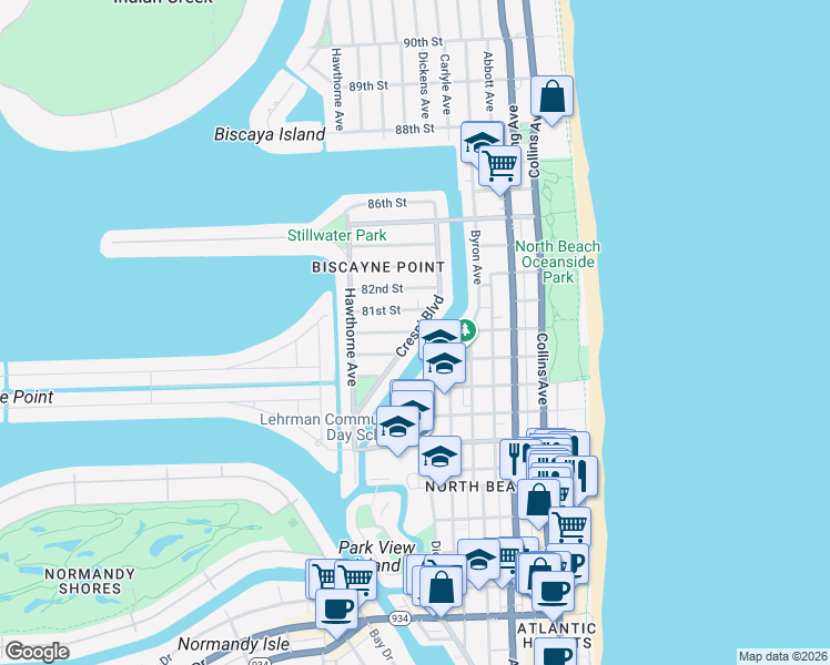 map of restaurants, bars, coffee shops, grocery stores, and more near 700 80th Street in Miami Beach