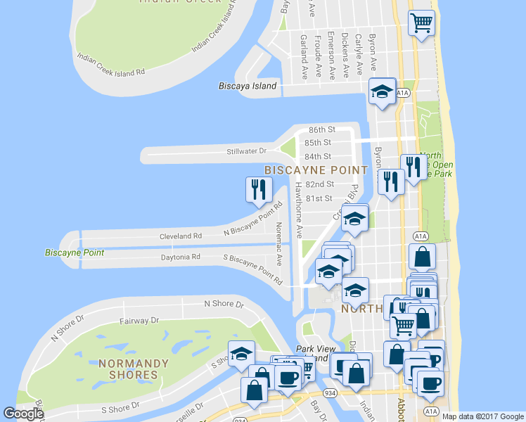 map of restaurants, bars, coffee shops, grocery stores, and more near 8060 Noremac Avenue in Miami Beach