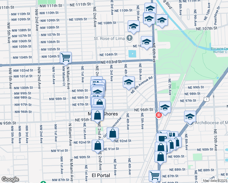 map of restaurants, bars, coffee shops, grocery stores, and more near 304 Northeast 99th Street in Miami Shores