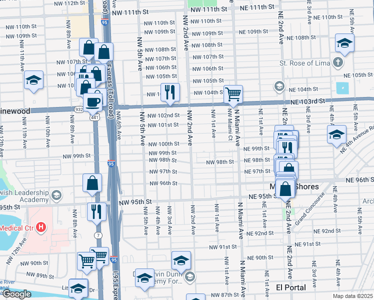 map of restaurants, bars, coffee shops, grocery stores, and more near 211 Northwest 99th Street in Miami