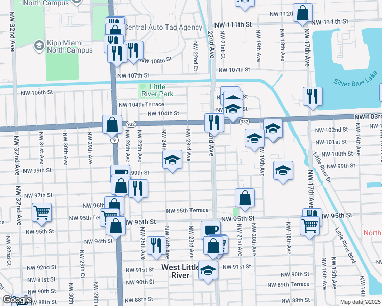 map of restaurants, bars, coffee shops, grocery stores, and more near 2304 Northwest 100th Street in Miami