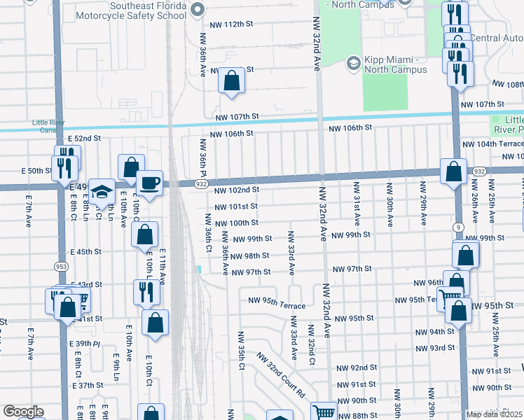 map of restaurants, bars, coffee shops, grocery stores, and more near 3434 Northwest 101st Street in Miami
