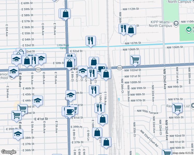 map of restaurants, bars, coffee shops, grocery stores, and more near 4725 East 10th Court in Hialeah