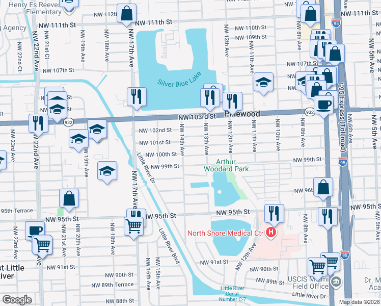 map of restaurants, bars, coffee shops, grocery stores, and more near 1381 NW 100th St in Miami