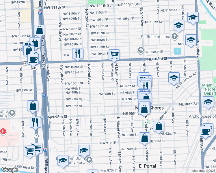 map of restaurants, bars, coffee shops, grocery stores, and more near 69 Northwest 99th Street in Miami Shores