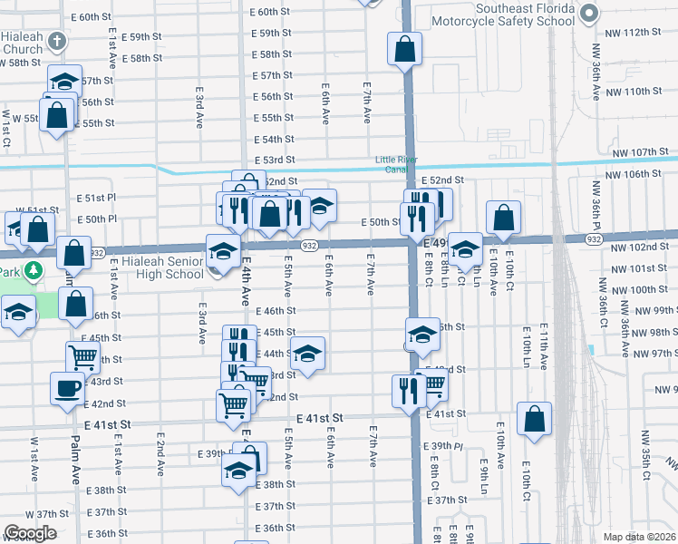 map of restaurants, bars, coffee shops, grocery stores, and more near 580 East 48th Street in Hialeah