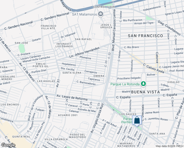 map of restaurants, bars, coffee shops, grocery stores, and more near Soldadores in Matamoros