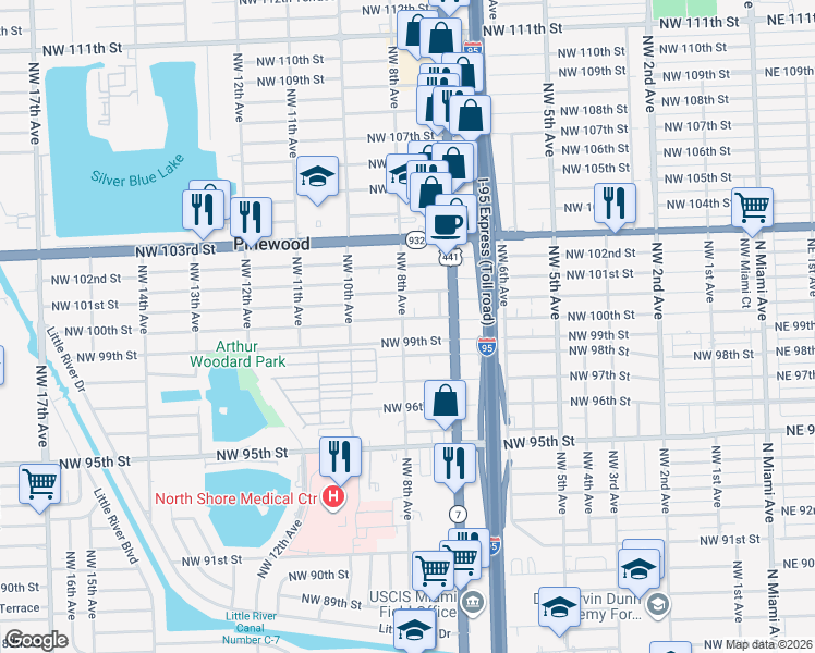map of restaurants, bars, coffee shops, grocery stores, and more near 752 Northwest 100th Street in Miami