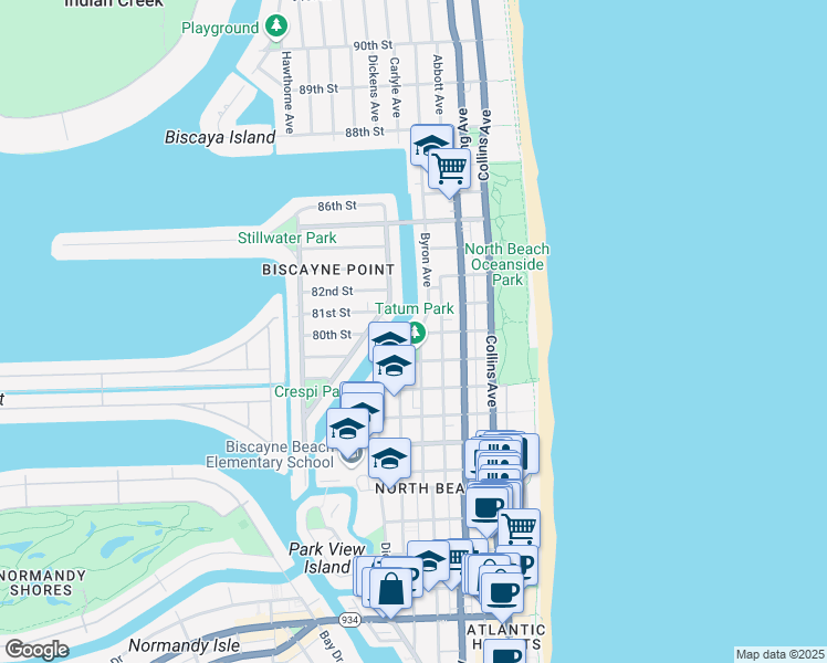 map of restaurants, bars, coffee shops, grocery stores, and more near 8080 Byron Avenue in Miami Beach