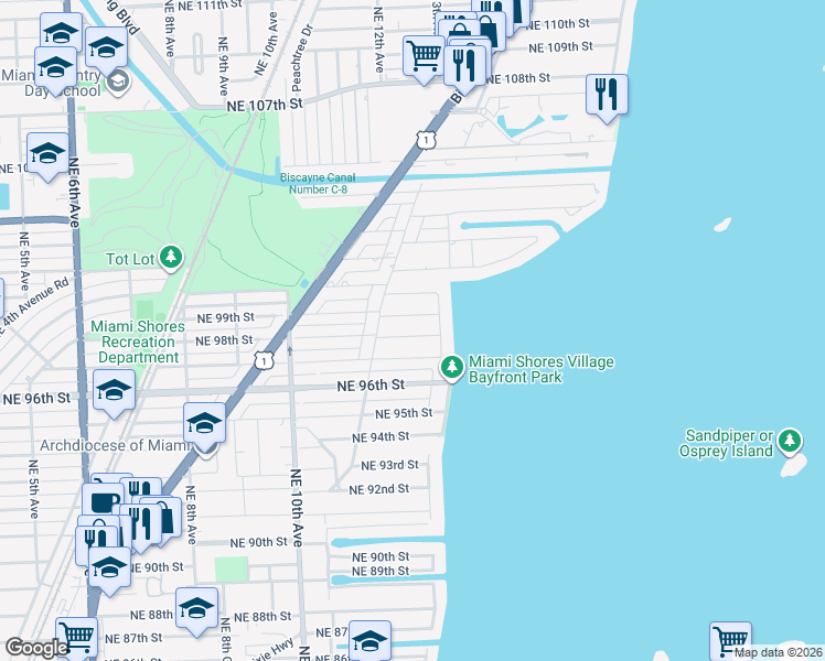 map of restaurants, bars, coffee shops, grocery stores, and more near 1279 Northeast 98th Street in Miami Shores