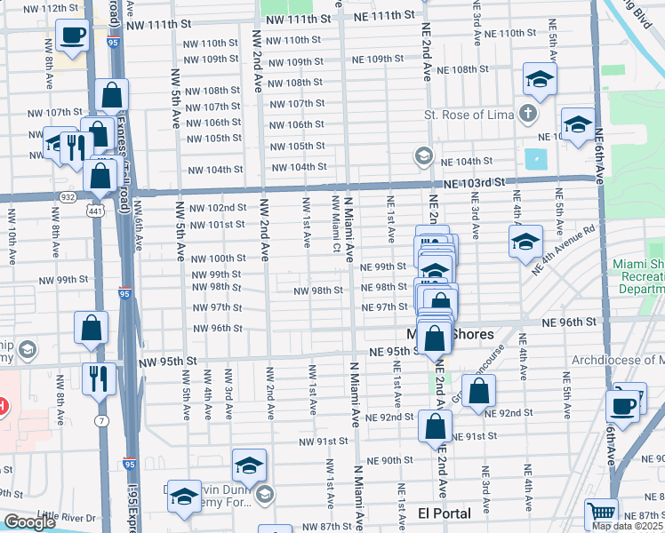 map of restaurants, bars, coffee shops, grocery stores, and more near 69 Northwest 99th Street in Miami Shores