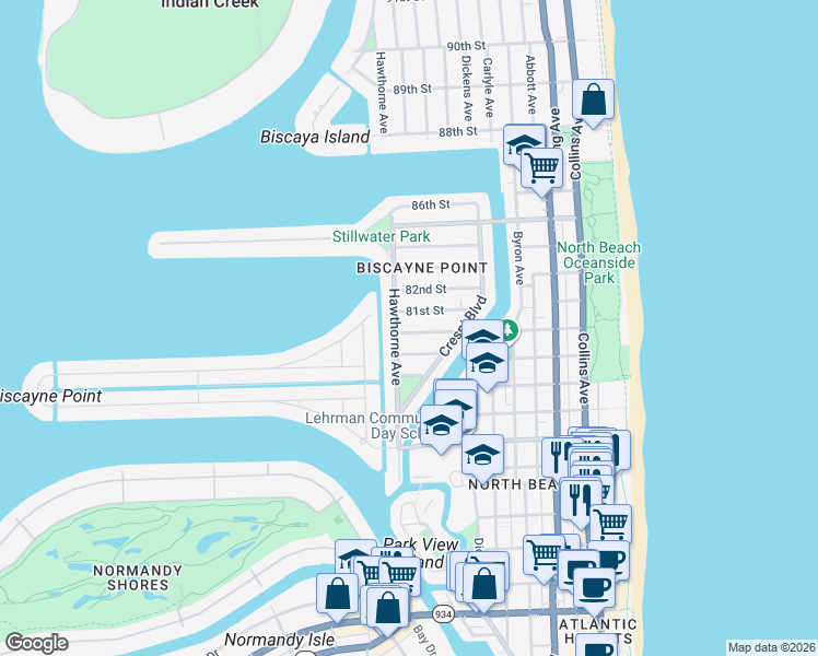 map of restaurants, bars, coffee shops, grocery stores, and more near in Miami Beach